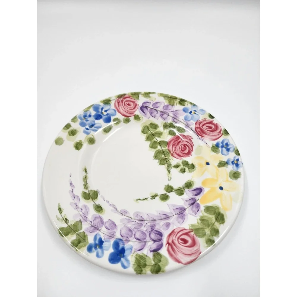 Tabletops Unlimited Valentino Hand Painted Floral Ceramic Plate Pink Rose Yellow
